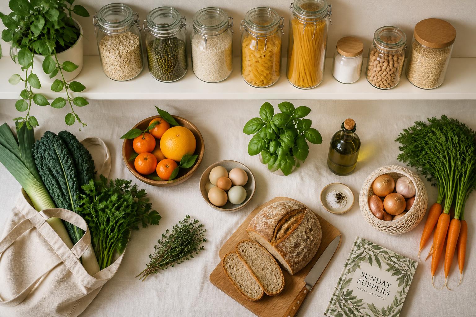 Pantry shelf with jars of grains and fresh groceries laid out on a linen cloth